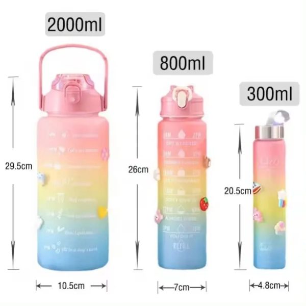 3-Pack Water Bottles Set - 2L Large, 700ml Portable, 300ml Mini Bottle - Motivational Design (Random Color) - Ideal for Fitness, Travel & Daily Hydration